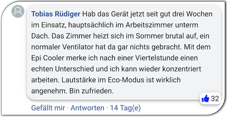 Ein Kommentar aus einer Facebook-Gruppe EpiCooler Erfahrung Erfahrungen Erfahrungsbericht