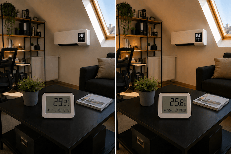 Thermometeraufnahme Dachzimmer – 29,2 °C / 25,8 °C nach 35 Min. EpiCooler Vorher Nachher Dachzimmer