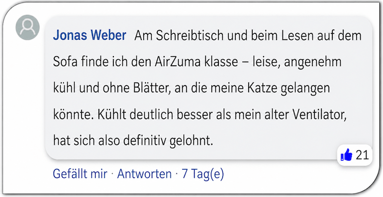Ein Kommentar aus einer Facebook-Gruppe AirZuma Erfahrung Erfahrungen Erfahrungsbericht