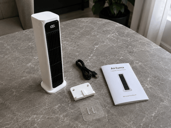 Der AirZuma Lieferumfang: Gerät, USB-C-Kabel, Wandhalterung mit Klebepad und Benutzerhandbuch. AirZuma Test Lieferumfang