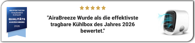 Screenshot der AiraBreeze Auszeichnung als effektivste tragbare Kühlbox 2026 AiraBreeze Auszeichnung