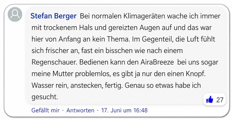 Ein Kommentar aus einer Facebook-Gruppe AiraBreeze Erfahrung Erfahrungen Erfahrungsbericht Aira Breeze