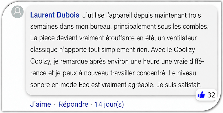 Un commentaire tiré d'un groupe Facebook Coolizi Coolzy Avis