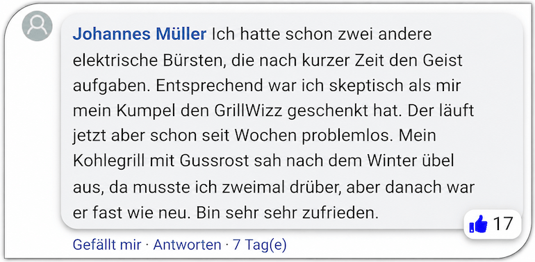 Ein Kommentar aus einer Facebook-Gruppe GrillWizz Erfahrungen Erfahrung Erfahrungsbericht