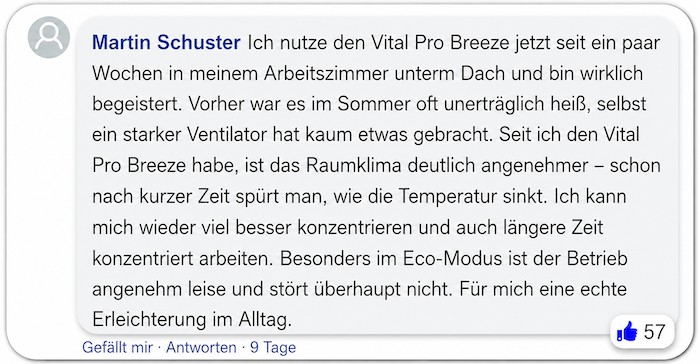Ein Kommentar aus einer Facebook-Gruppe Vital Pro Breeze Bewertungen Erfahrungsbericht Erfahrungen